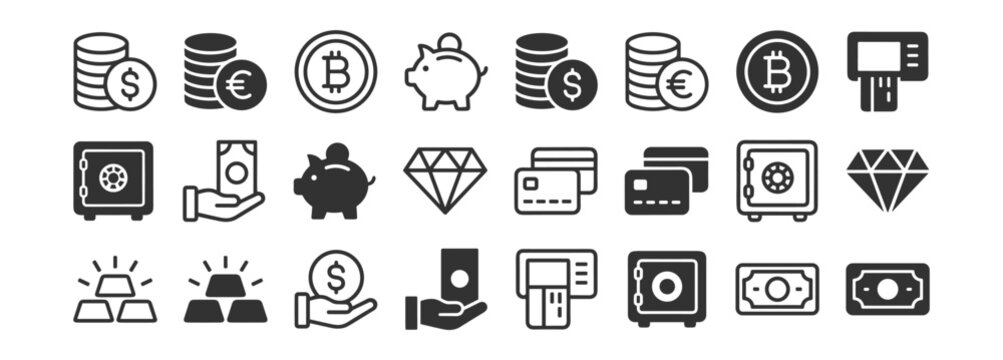 Finance and banking icons set, money payment currency investment savings cash credit bitcoin symbols on transparent background
