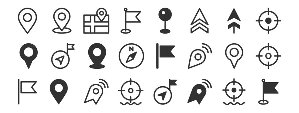 Navigation and map location icons set, gps pin marker compass direction target and route symbols on transparent background