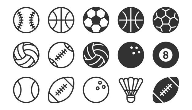 Sports ball icons set, soccer basketball football baseball volleyball tennis and bowling symbols on transparent background