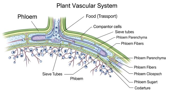Plant vascular system diagram focusing on phloem tissue with sieve tubes, companion cells, fibers, and parenchyma, illustrating transport of food and sugars from photosynthetic leaves to roots and oth