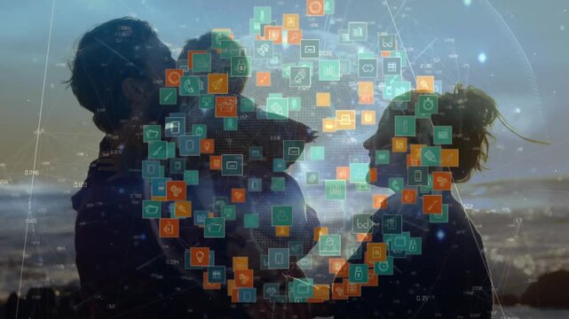 Father lifting baby toward mother, centering child while rotating data sphere revealing silhouettes