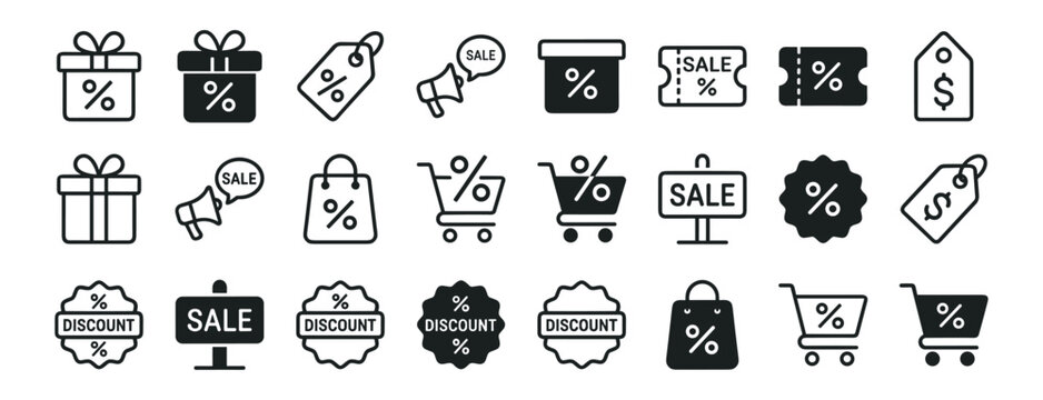 Sale and discount shopping icons set, retail price tag coupon offer promotion and percent symbols on transparent background