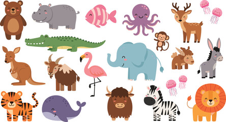 Obraz premium Cute Wild Animals Collection with Jungle and Ocean Cartoon Vector Set