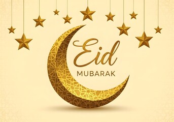 Fototapeta premium Celebratory eid mubarak card with crescent moon and star decorations.