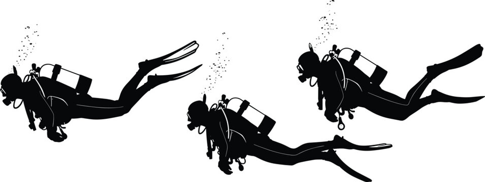Scuba diver silhouette set, underwater diving with oxygen tank and bubbles, marine adventure vector illustration isolated