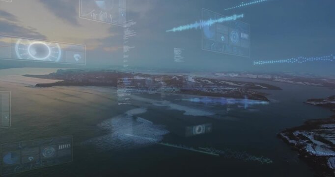 Sunrise glow starting holographic HUDs appearing over island and sea, showing ice and shore data