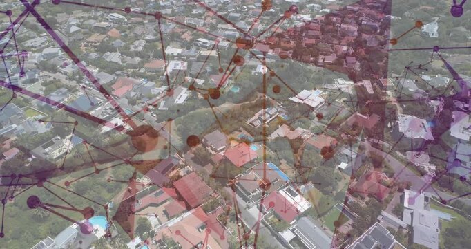 Camera pull-back initiating aerial roofs reveal, panning as nodes drifting, mapping coast network