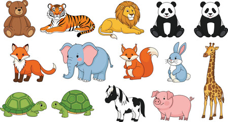 Obraz premium Cute Wild and Farm Animals Cartoon Characters Vector Collection Set