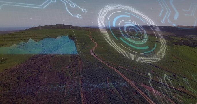Drone moving over dirt track, fields, HUD radar appearing, mesh growing, mapping field data