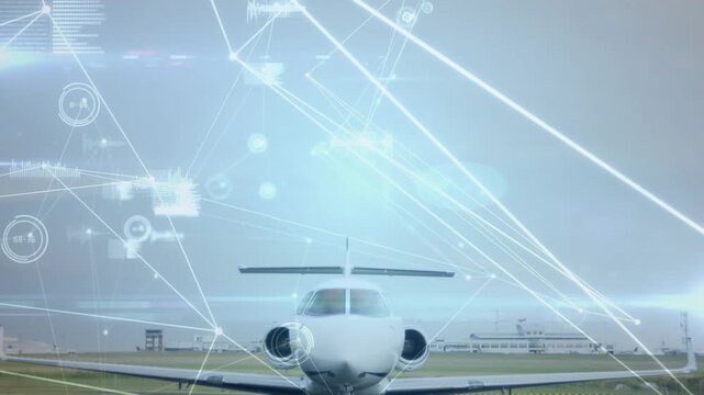 HUD overlay expanding as white twin-engine jet taxiing toward camera, revealing runway details