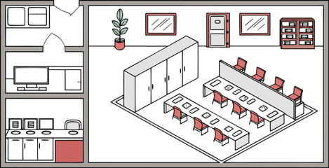 Isometric office space illustration with meeting room and workstation layouts.