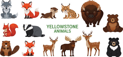 Fototapeta premium Yellowstone National Park Animals Cartoon Vector Set Featuring Bison Bear Wolf Fox Deer Moose and Wildlife Characters for Educational Design and Nature Projects