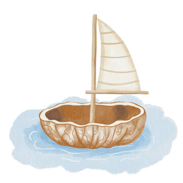 Watercolor illustration of an empty walnut shell boat with white burlap sail on the water. Hand-drawn, white background. Element for designing children's rooms, storybooks, dreamy nursery decor.