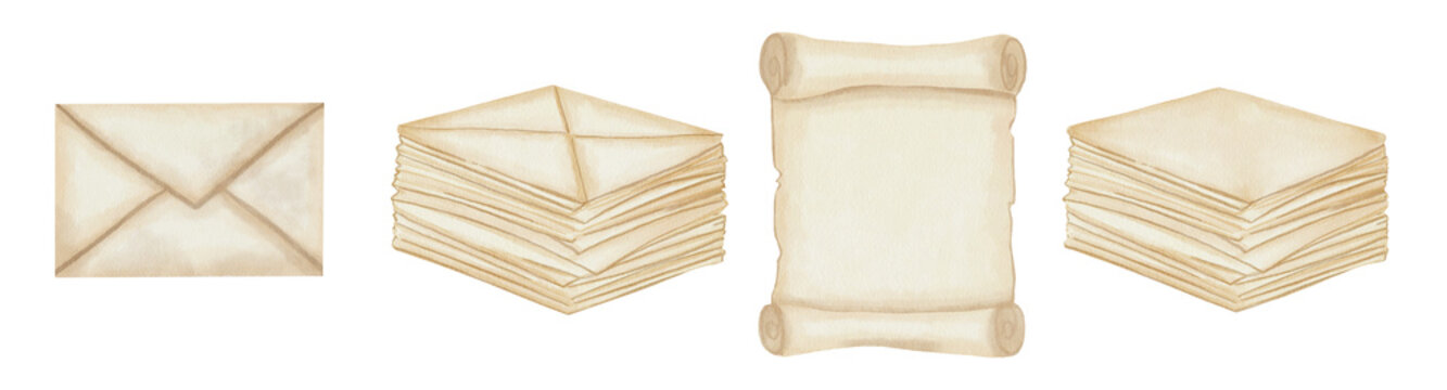 Set of watercolor illustrations of vintage envelopes, empty scroll, and stack of letters and sheets of paper. Hand-drawn, isolated on white background. For nostalgic design, collage projects.