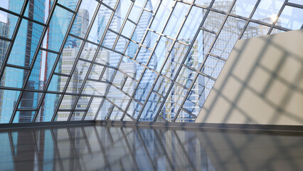 A large room with sloping panoramic windows overlooking the modern high-rise buildings and sky, glossy black floor reflecting the windows. 3d illustration © Wire_man