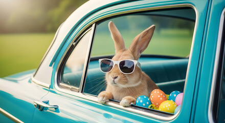 Easter bunny on the go cool rabbit wearing sunglasses in a vintage teal car with colorful easter eggs on a sunny day