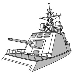 Gray military ship with gun turret and radar systems ©  AMINA 1122