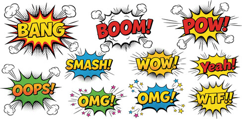 Comic Speech Bubble Explosion Set with Bang Boom Pow Wow and Pop Art Sound Effect Text for Comics Posters and Retro Designs © AB