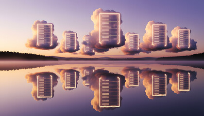 Fototapeta premium Surreal Cloud Migration: Giant Soft Cumulus Clouds Shaped as Server Racks Floating Over Calm Reflective Lake at Dawn, B2B Cloud Tech Concept