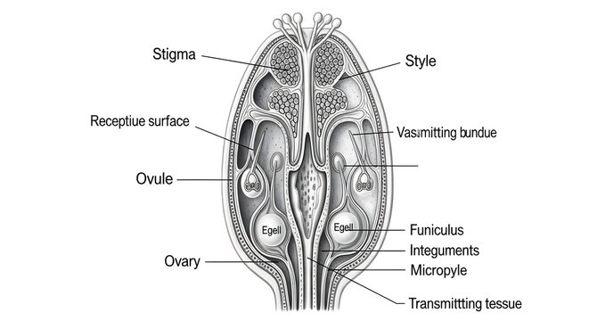 Longitudinal section of a flower pistil showing stigma, style, transmitting tissue, ovary with ovules, funiculus, integuments, and micropyle, illustrating pathway of pollen tubes toward female gametop
