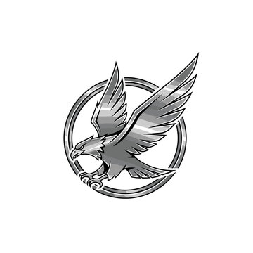 Metallic silver eagle flying within a circular emblem