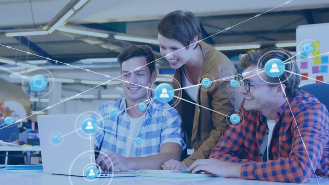 Operator typing laptop woman pointing screen man smiling blue user nodes expanding across tech desk