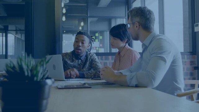 Lead typing on laptop after manager pointing, analyst watching, biz review, bars and crosses sliding