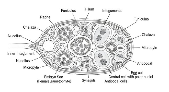 Detailed diagram of an ovule in longitudinal section showing integuments, nucellus, embryo sac, synergids, egg apparatus, antipodal cells, chalaza, micropylar region, funiculus, and hilum to illustrat