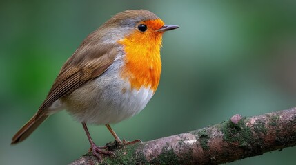 Small passerine bird with bright orange breast perching on a mossy branch in nature