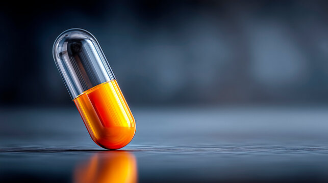 Single glossy capsule pill with transparent top and orange bottom standing on reflective surface dark minimal background pharmaceutical concept
