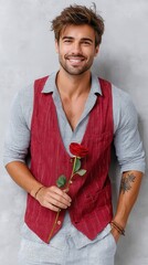 A man wearing a red vest holding a rose. He is smiling and he is happy. Concept of romance and love, as the rose is often associated with these emotions