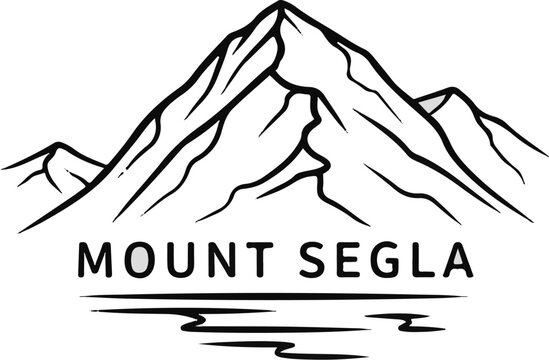 Stylized outline of majestic peaks above water, text "MOUNT SEGLA" below