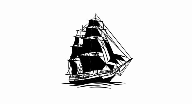 A black and white illustration of a tall sailing ship with full sails