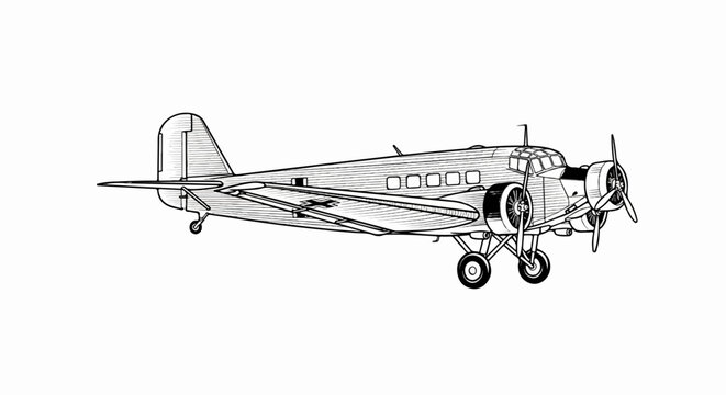 A detailed line drawing depicts a twin-engine propeller aircraft on a white background