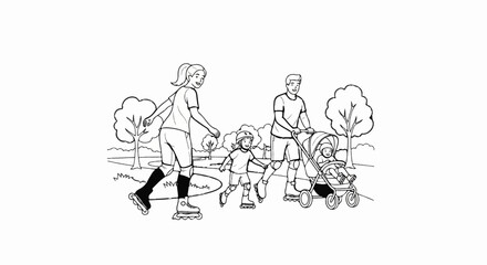 Obraz premium A family enjoys a sunny day in the park on roller skates