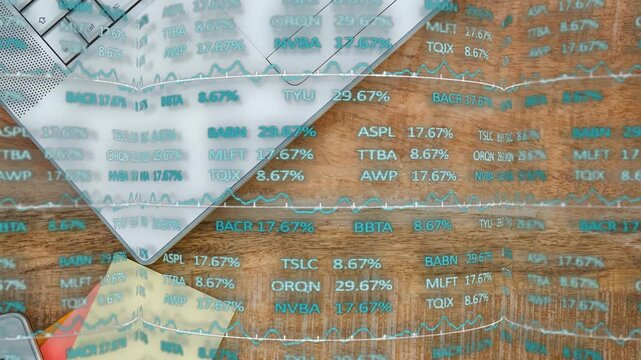 Market data overlay appearing on frame change, scrolling, showing trends, then fading to laptop