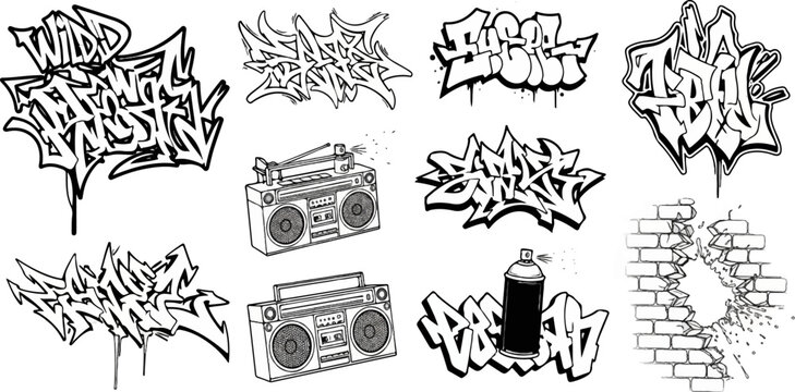 Collection of graffiti art, boomboxes, and spray paint cans on a white background