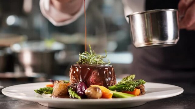 A chef expertly plates a gourmet meal, drizzling sauce over a beautifully presented dish