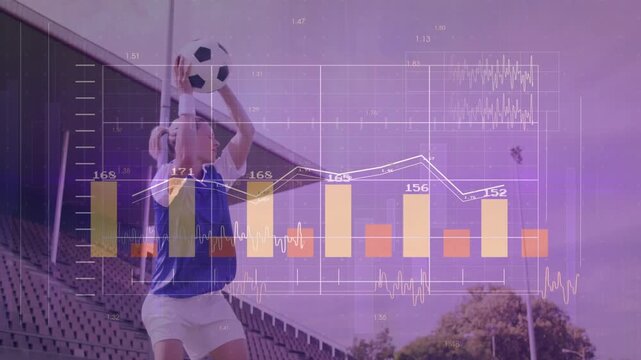 Woman picking up ball, lifting to overhead for throw, animated sports charts tracking motion