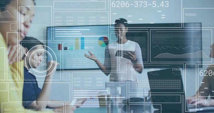 Female lead tapping tablet and pointing at bar and pie charts, causing HUD analysis for business