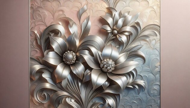 Elegant Silver Floral Relief Sculpture with Textured Background.