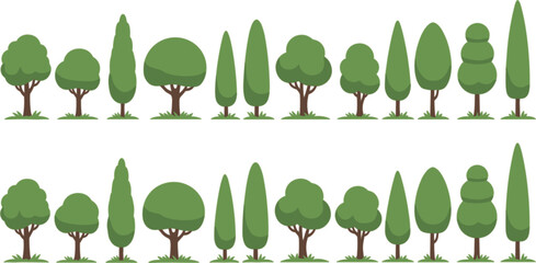 Set of various green tree icons in flat design style isolated on white background for landscape architecture and maps. © Ratna