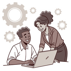 business man and woman working together. Smiling team professional employees working together on computer discussing online technology data solutions at work. Two young busy diverse coworkers business