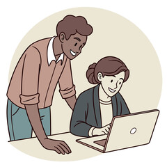 business man working on laptop. Smiling team professional employees working together on computer discussing online technology data solutions at work. Two young busy diverse coworkers business people