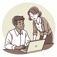 business man and woman working together. Smiling team professional employees working together on computer discussing online technology data solutions at work. Two young busy diverse coworkers business