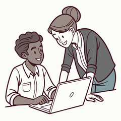 two business people working together. Smiling team professional employees working together on computer discussing online technology data solutions at work. Two young busy diverse coworkers business 