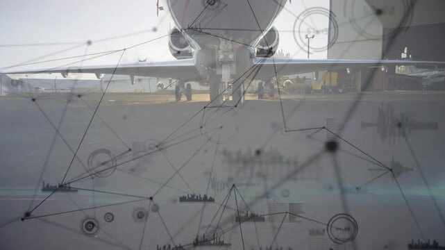 Overlay appearing then camera closing on jet, graphics revealing systems while ground crew working