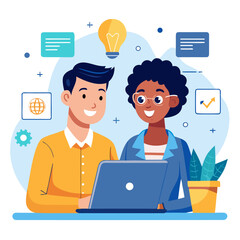 business man with laptop computer. Smiling team professional employees working together on computer discussing online technology data solutions at work. Two young busy diverse coworkers business 