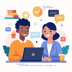 business man with laptop vector illustration. Smiling team professional employees working together on computer discussing online technology data solutions at work. Two young busy diverse coworkers bus