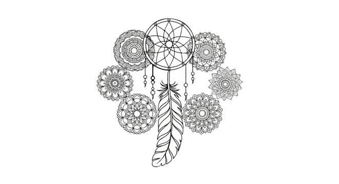 Dream catcher adorned with mandalas and a single prominent feather